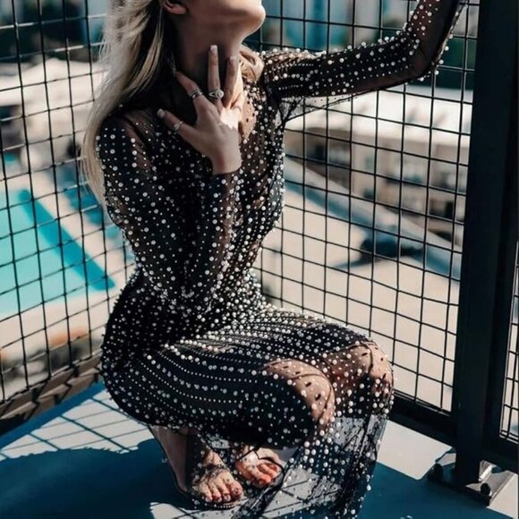 Willow Dance Dresses & Skirts - Willow Dance Women's Sheer Mesh Pearl Rhinestone Cover Up Beach Dress Swimwear B
